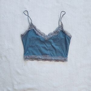 Lace Trim Blue Satin Cami Top